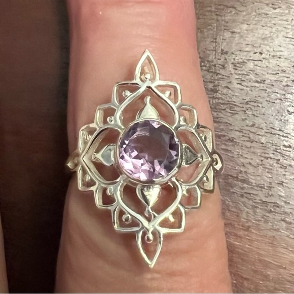 Sterling Silver Filigree Amethyst Statement Ring | Cathedral Lotus NWT 7.5 #442